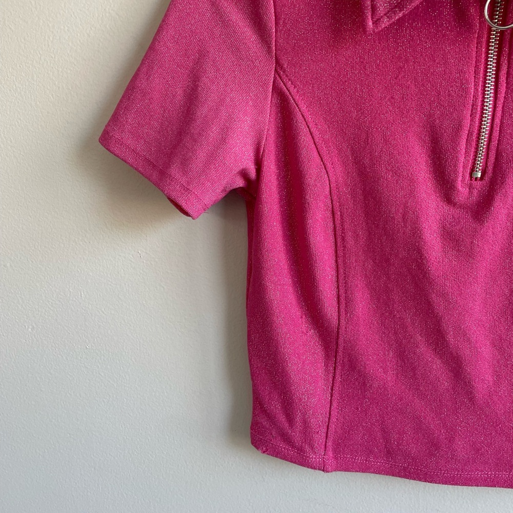 HOT PINK SHORT SLEEVE SKIRT SET DOLLS KILL SILVER ZIPPERS GLITTER STRETCH - Picture 6 of 17